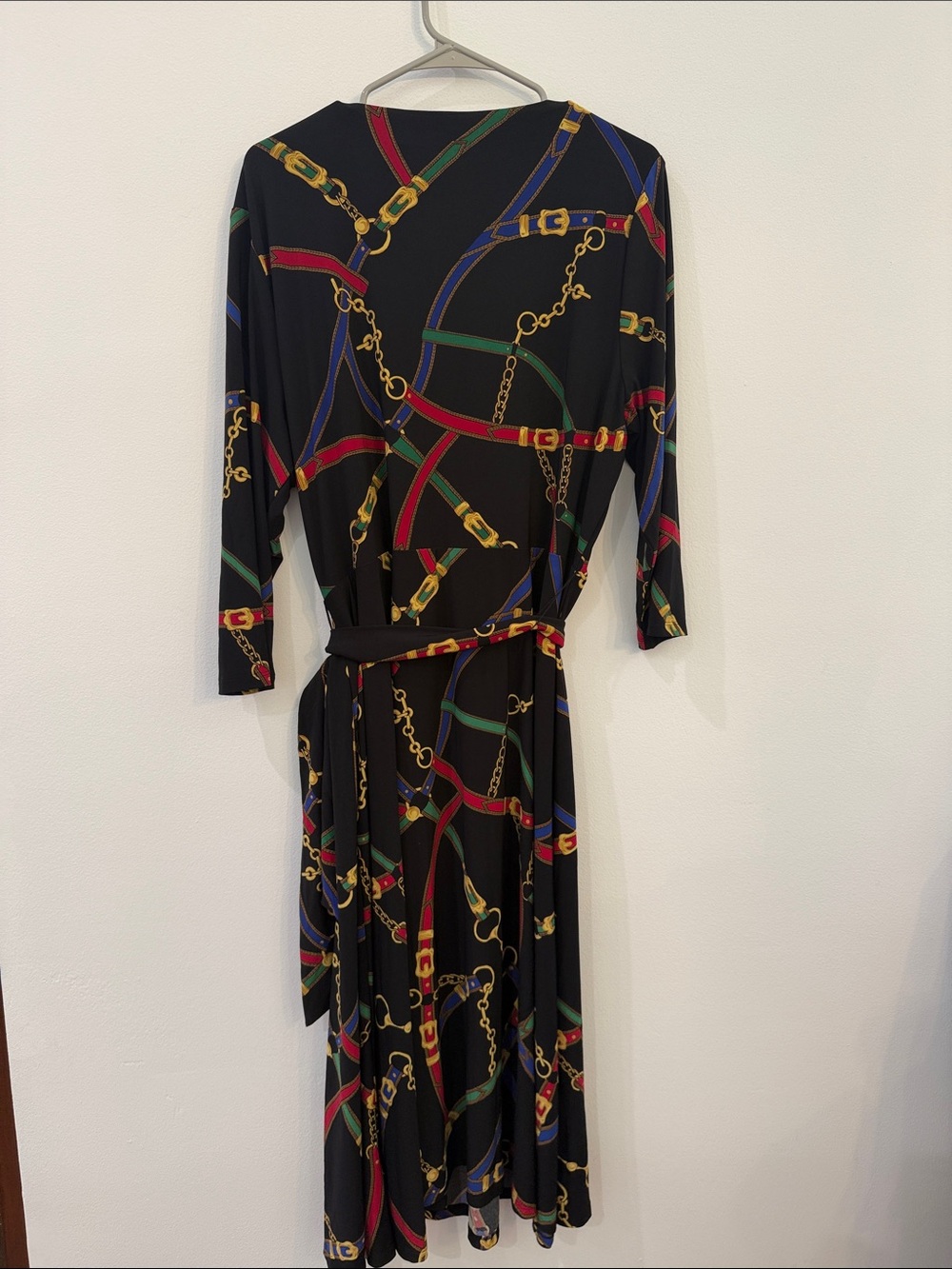 Lauren Ralph Lauren Black Midi Wrap Dress with Multicolor Chain & Belt - Picture 3 of 3